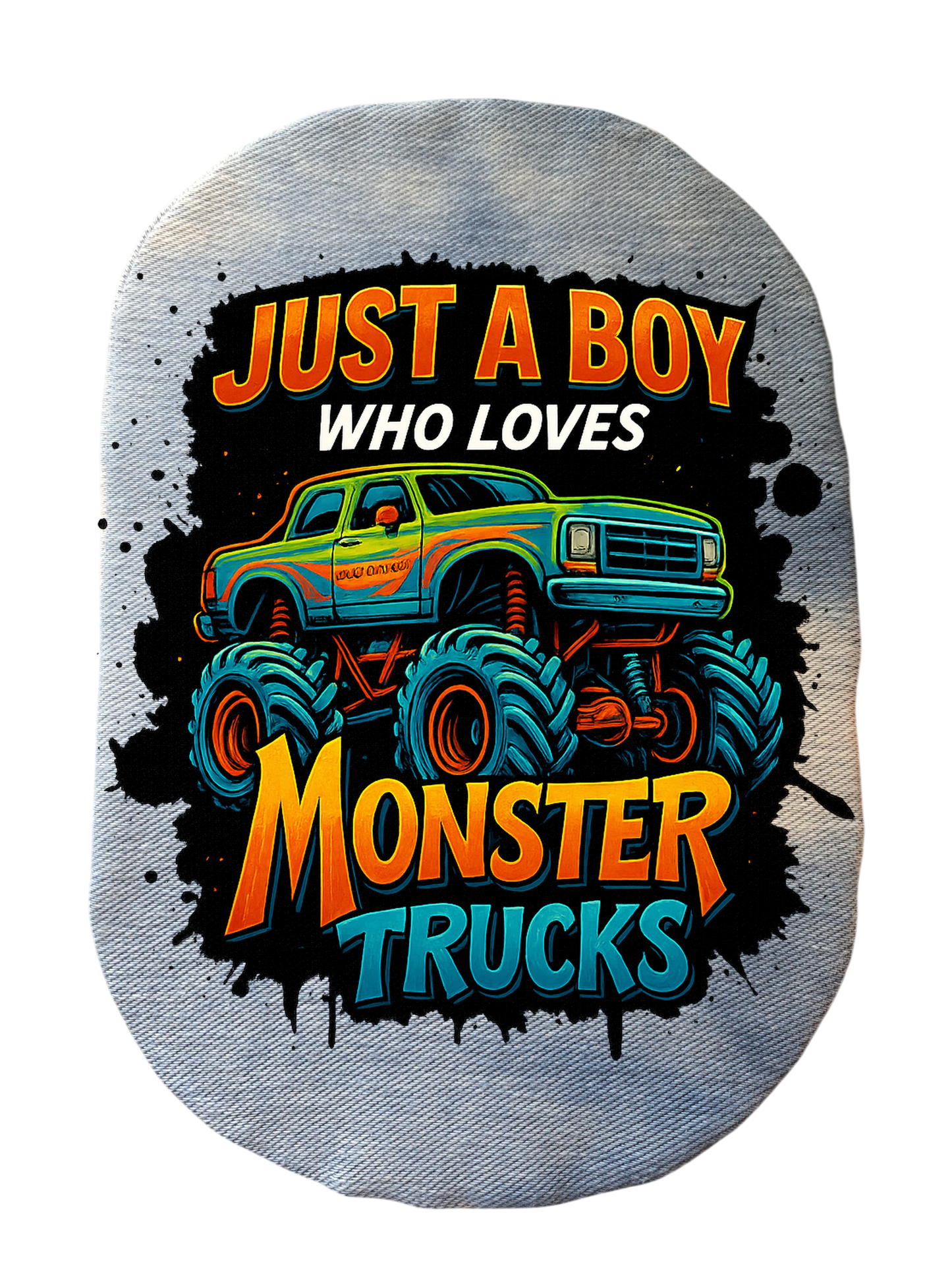 CUSTOMIZED STRETCH DENIM ADULT AND PEDIATRIC JUST A BOY WHO LOVES MONSTER TRUCKS OSTOMY BAG COVER