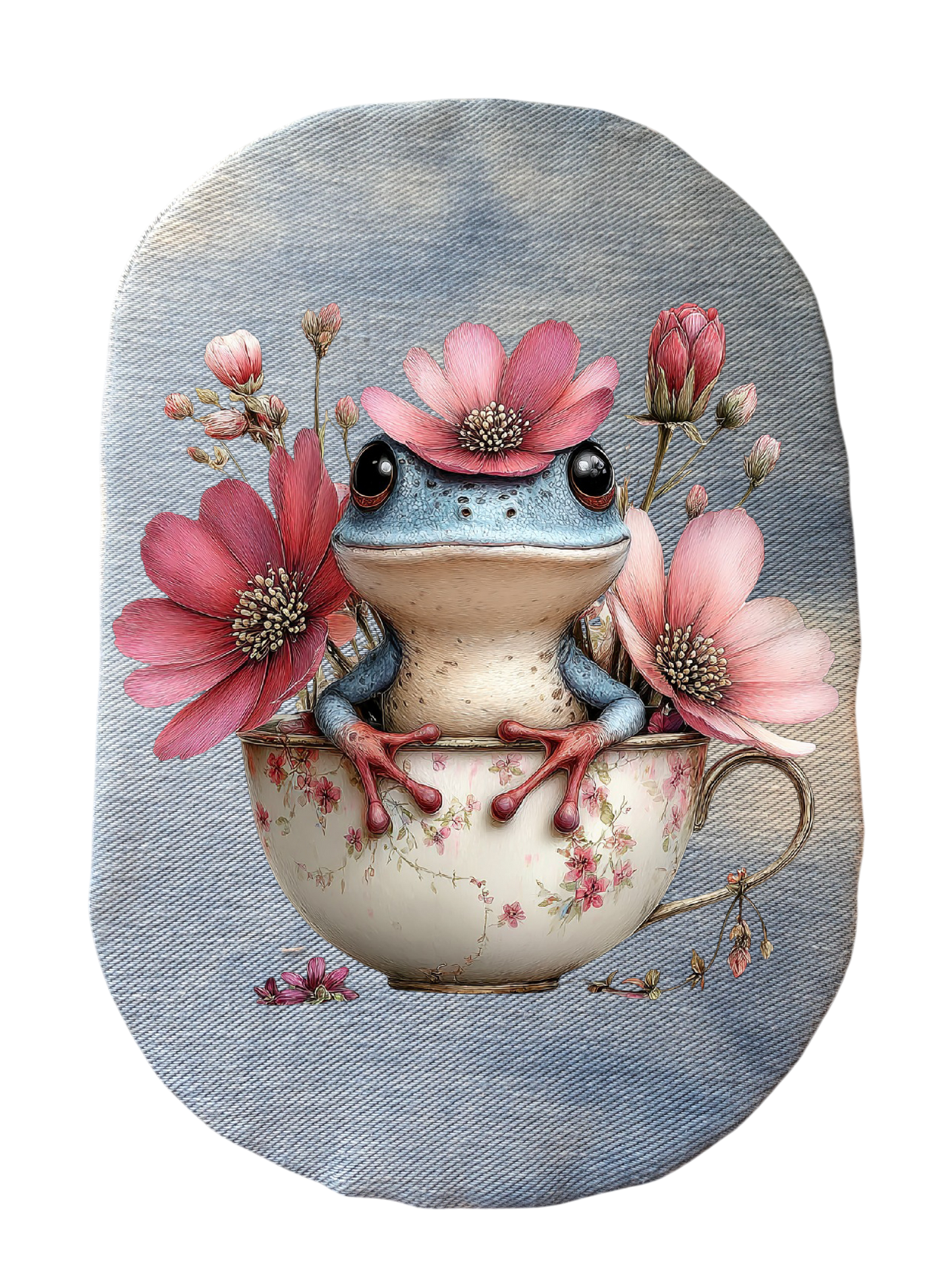 CUSTOMIZED STRETCH DENIM ADULT AND PEDIATRIC FROG IN TEACUP FLORAL OSTOMY BAG COVER
